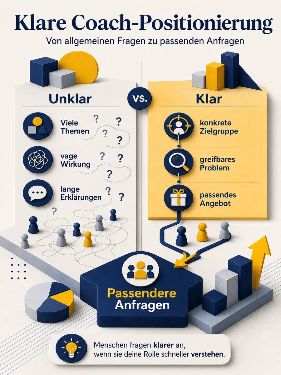 Positionierung Als Coach: So Wirst Du Für Die Richtigen Kunden Greifbar Infografik Zur Wirkung Klarer Coach-Positionierung Von Allgemeinen Fragen Zu Passenderen Anfragen.