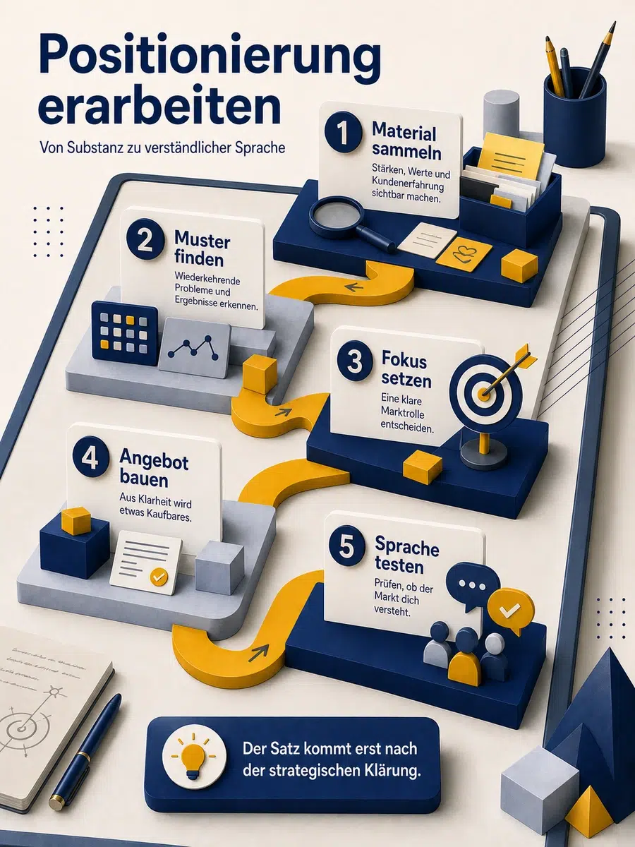 Positionierung Erarbeiten: Der Prozess Von Innen Nach Außen Infografik Mit Fünf Schritten, Um Positionierung Zu Erarbeiten: Material Sammeln, Muster Finden, Fokus Setzen, Angebot Bauen Und Sprache Testen.