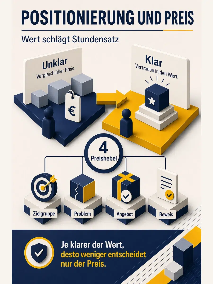 Positionierung Und Preis: Warum Klare Angebote Höhere Preise Tragen Infografik Zu Positionierung Und Preis: Unklare Positionierung Führt Zu Preisvergleich, Klare Positionierung Stärkt Wertverständnis Und Preisvertrauen.