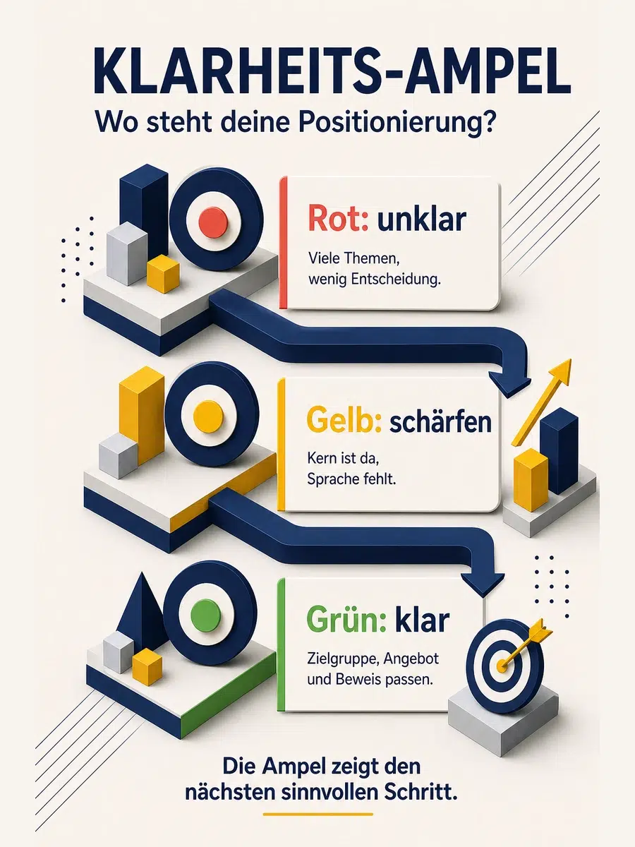 Positionierungsanalyse Selbsttest: 12 Fragen Für Deine Ausgangslage Infografik Zur Klarheits-Ampel Einer Positionierungsanalyse Mit Den Stufen Rot Unklar, Gelb Schärfen Und Grün Klar.