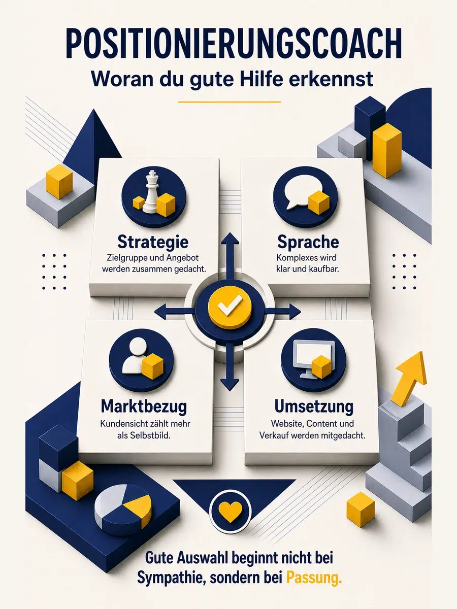 Positionierungscoach: Aufgaben, Nutzen Und Auswahlkriterien Infografik Zu Auswahlkriterien Für Einen Positionierungscoach Mit Strategie, Sprache, Marktbezug Und Umsetzung Als Zentrale Kriterien.