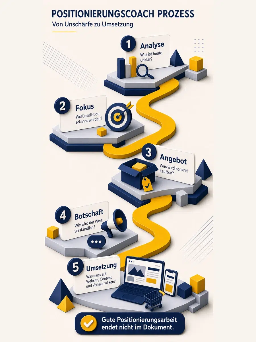 Positionierungscoach: Aufgaben, Nutzen Und Auswahlkriterien Infografik Zum Positionierungscoach-Prozess Von Analyse Über Fokus, Angebot Und Botschaft Bis Zur Umsetzung.