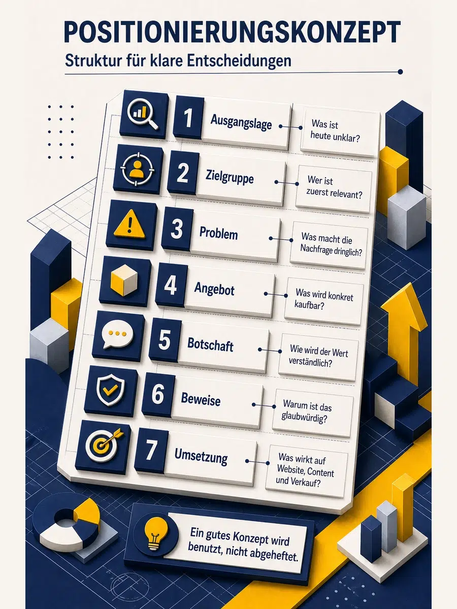 Positionierungskonzept Erstellen: Aufbau, Inhalte Und Beispielstruktur Infografik Zum Aufbau Eines Positionierungskonzepts Mit Sieben Bausteinen Von Ausgangslage Bis Umsetzung.