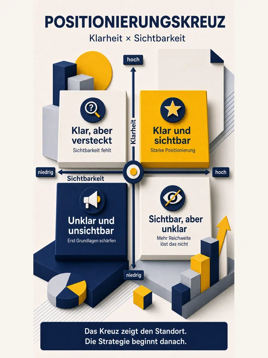 Positionierungskreuz: Nutzen, Grenzen Und Bessere Alternativen Infografik Zum Positionierungskreuz Mit Den Achsen Klarheit Und Sichtbarkeit Sowie Vier Feldern Von Unklar Bis Stark Positioniert.