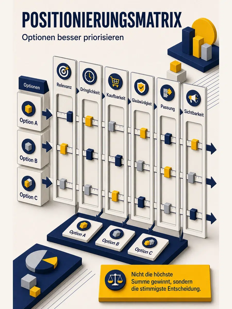 Positionierungsmatrix: Wann Sie Hilft Und Wann Sie Zu Kurz Greift Infografik Zur Positionierungsmatrix Als Entscheidungsfilter Mit Relevanz, Dringlichkeit, Kaufbarkeit, Glaubwürdigkeit, Passung Und Sichtbarkeit.