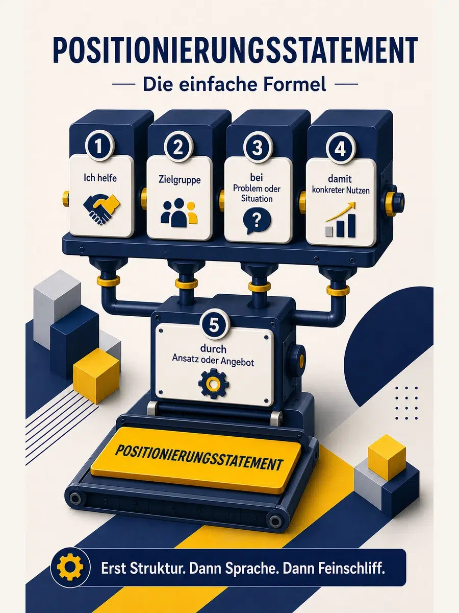 Positionierungsstatement-Generator: Von Gedanken Zu Einem Ersten Satz Infografik Mit Einer Formel Für Ein Positionierungsstatement Aus Zielgruppe, Problem, Nutzen Und Ansatz Oder Angebot.