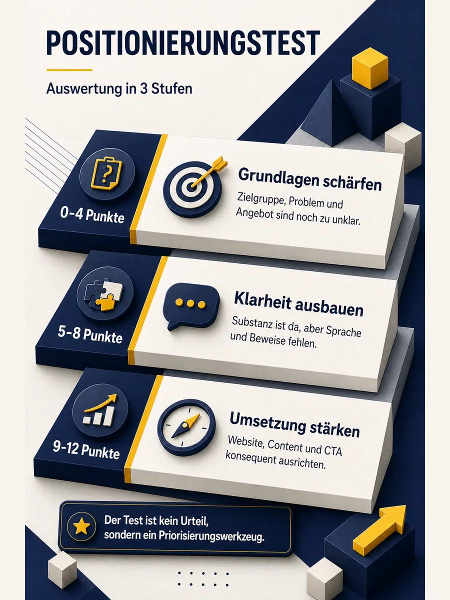 Positionierungstest: Wie Klar Ist Deine Positionierung Wirklich? Infografik Zur Auswertung Eines Positionierungstests Mit Den Drei Stufen Grundlagen Schärfen, Klarheit Ausbauen Und Umsetzung Stärken.