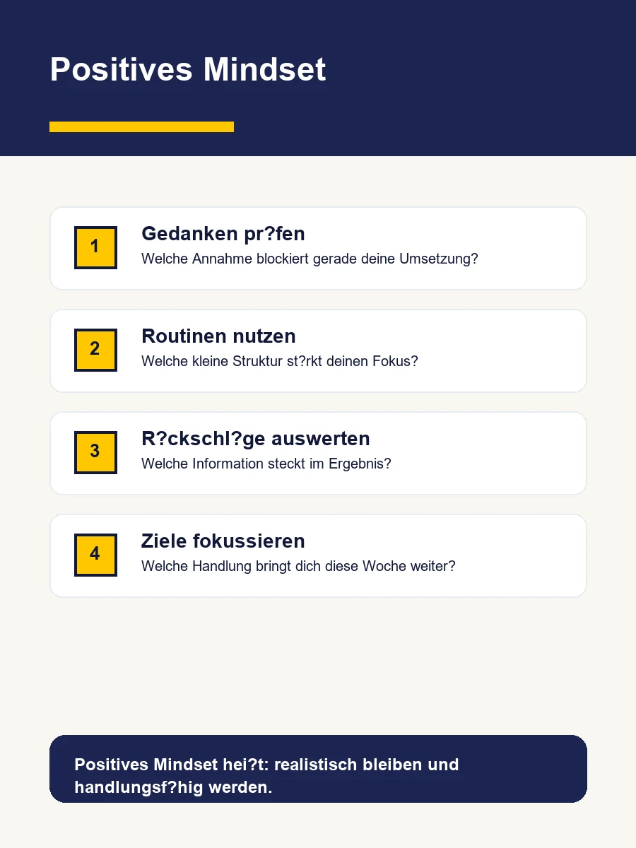 Positives Mindset Aufbauen: Deine Denkweise Transformieren Infografik Mit Vier Elementen Für Ein Positives Business-Mindset: Gedanken Prüfen, Routinen Nutzen, Rückschläge Auswerten Und Ziele Fokussieren.