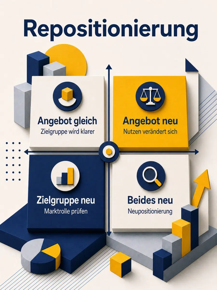 Neupositionierung Vs. Repositionierung – Was Ist Der Unterschied? Infografik Zur Matrix Aus Zielgruppe Und Angebot Für Repositionierung Oder Neupositionierung
