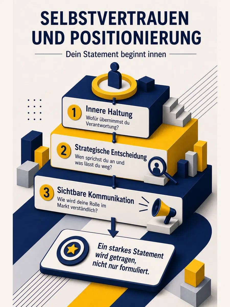 Selbstvertrauen Und Positionierung: Warum Dein Statement Innen Beginnen Muss Infografik Zum Zusammenhang Von Selbstvertrauen, Positionierung Und Klarem Statement Mit Haltung, Entscheidung Und Kommunikation.