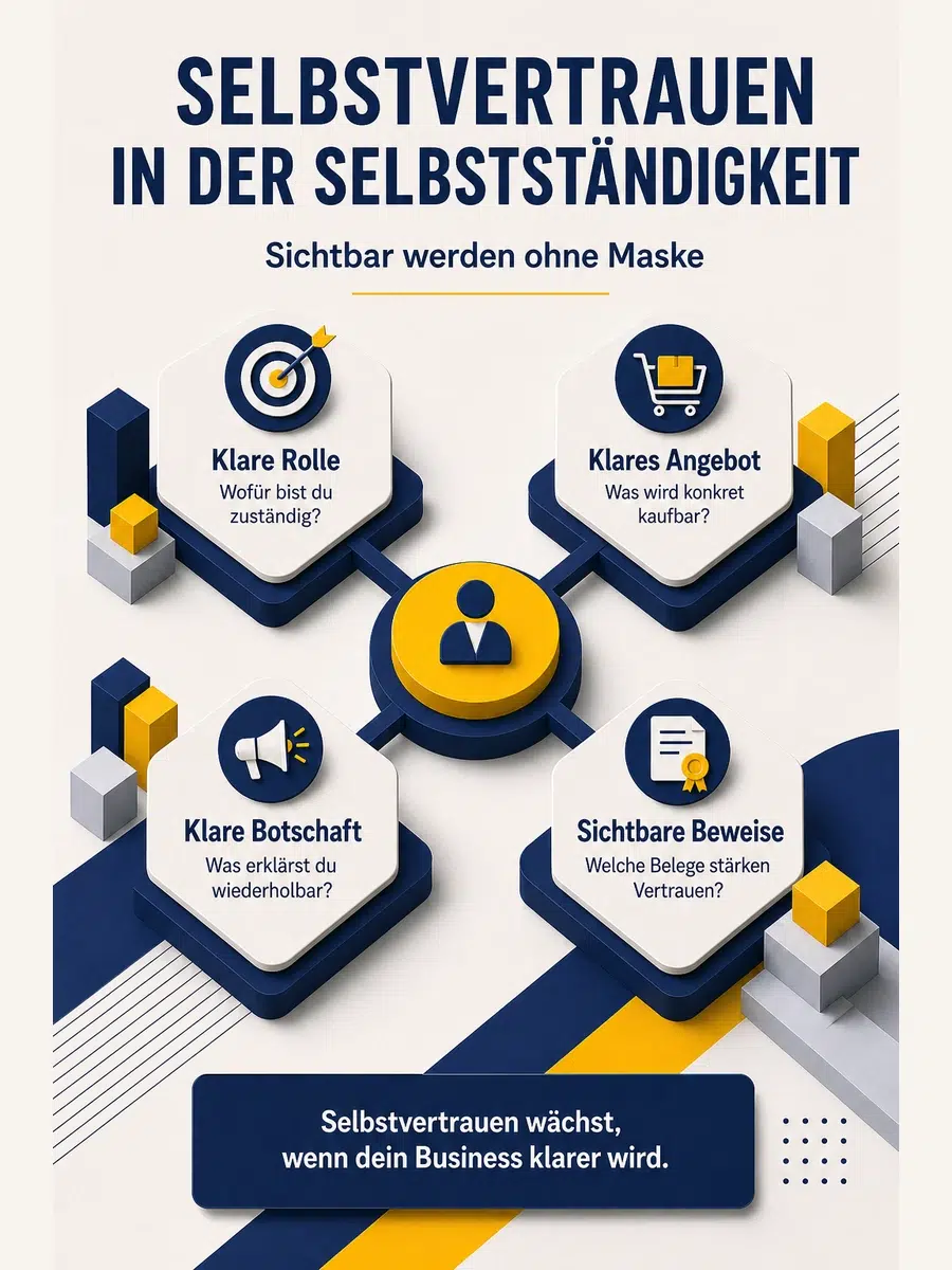 Selbstvertrauen In Der Selbstständigkeit: Sichtbar Werden Ohne Maske Infografik Zu Selbstvertrauen In Der Selbstständigkeit Mit Klarer Rolle, Klarem Angebot, Klarer Botschaft Und Sichtbaren Beweisen.