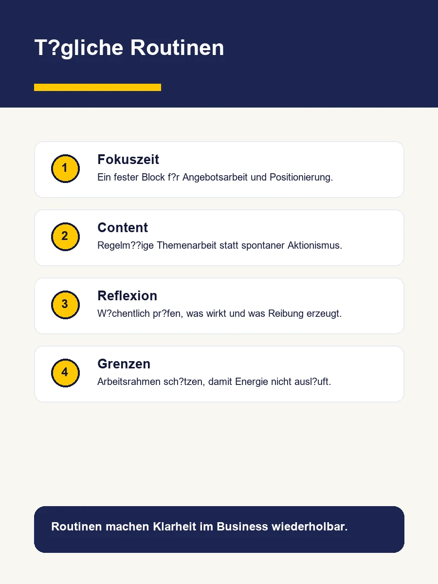 Tägliche Routinen: Gewohnheiten Für Ein Positives Mindset Infografik Mit Vier Business-Routinen Für Selbstständige: Fokuszeit, Content, Reflexion Und Grenzen.