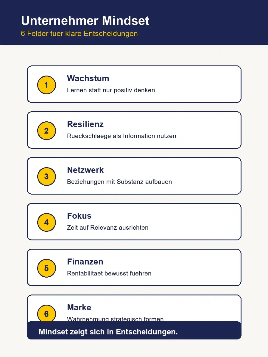 Unternehmer Mindset: 6 Tipps Für Deinen Beruflichen Erfolg Infografik Mit Sechs Feldern Für Ein Unternehmer Mindset: Wachstum, Resilienz, Netzwerk, Fokus, Finanzen Und Marke.