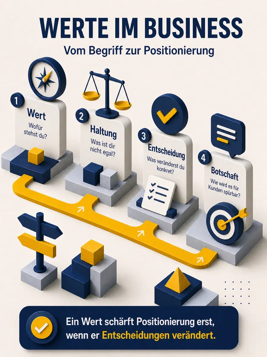 Werte Im Business Definieren: Wie Werte Positionierung Schärfen Infografik Dazu, Wie Werte Im Business Über Haltung, Entscheidungen Und Botschaft Eine Positionierung Schärfen.
