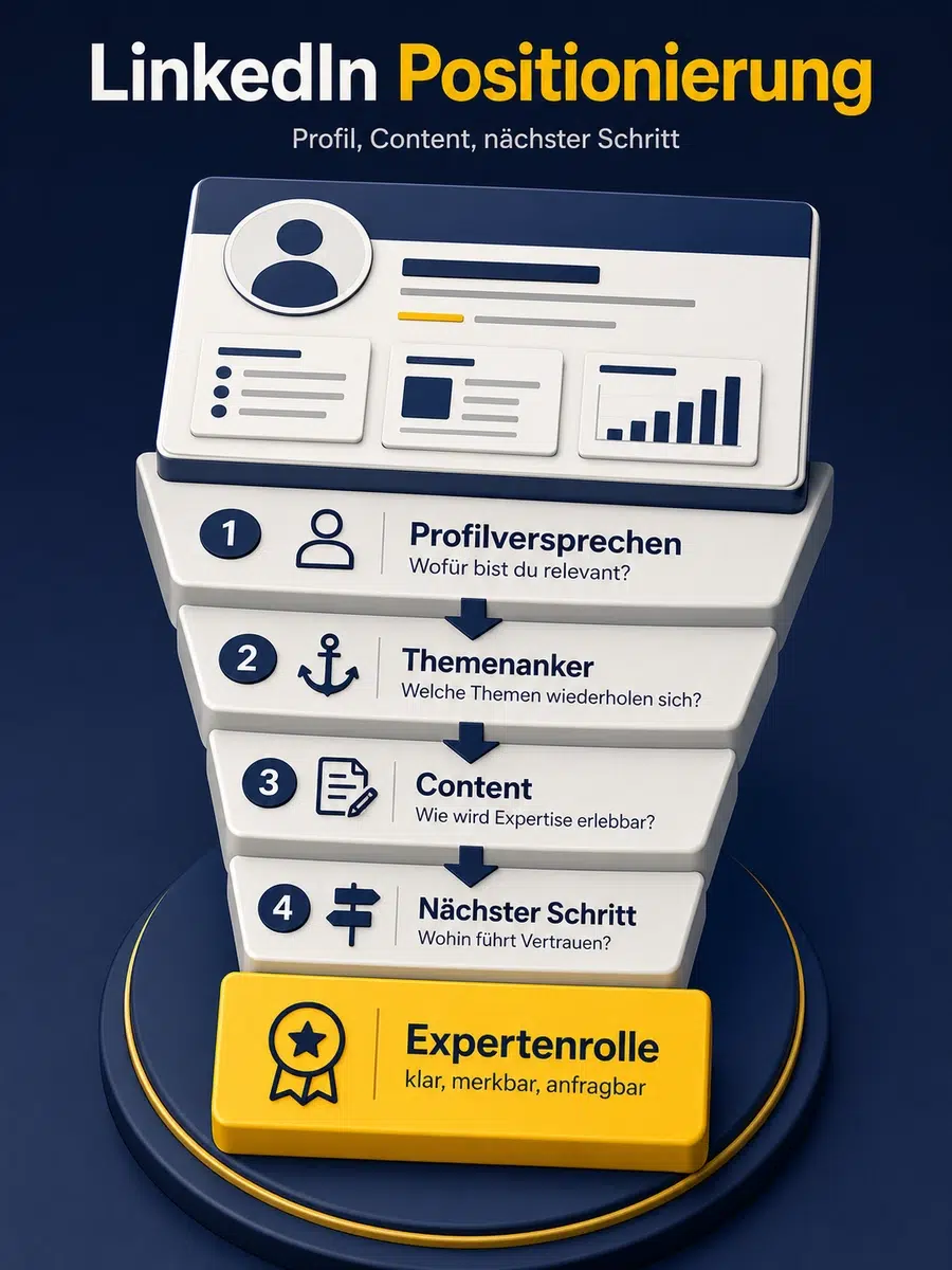 Linkedin Positionierung: Profil, Content Und Klare Expertenrolle Infografik Zur Linkedin Positionierung Mit Profilversprechen, Themenankern, Content, Nächstem Schritt Und Expertenrolle.