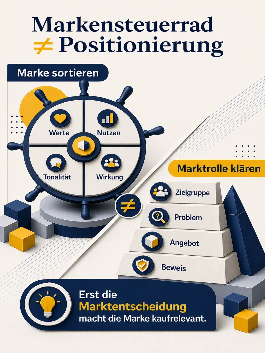 Markensteuerrad: Hilfreich, Aber Nicht Genug Für Echte Positionierung Infografik Zum Markensteuerrad Und Dem Unterschied Zwischen Marke Sortieren Und Marktrolle Klären.