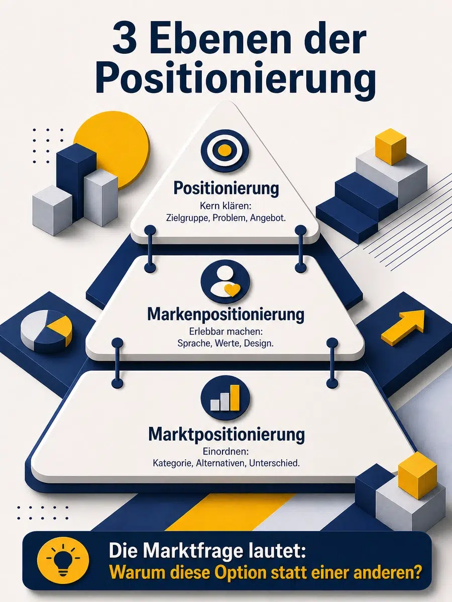 Marktpositionierung: Unterschied Zu Markenpositionierung Und Positionierung Infografik Zu Drei Ebenen Der Positionierung: Positionierung, Markenpositionierung Und Marktpositionierung.