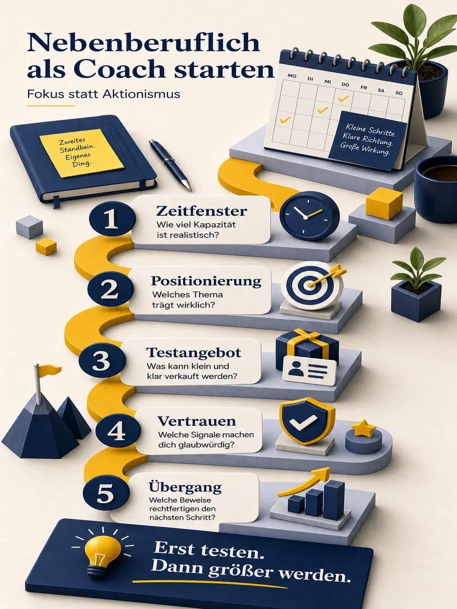 Nebenberuflich Als Coach Starten: Worauf Du Vor Der Sichtbarkeit Achten Solltest Infografik Zum Nebenberuflichen Coaching-Start Mit Zeitfenster, Positionierung, Testangebot, Vertrauen Und Übergang.