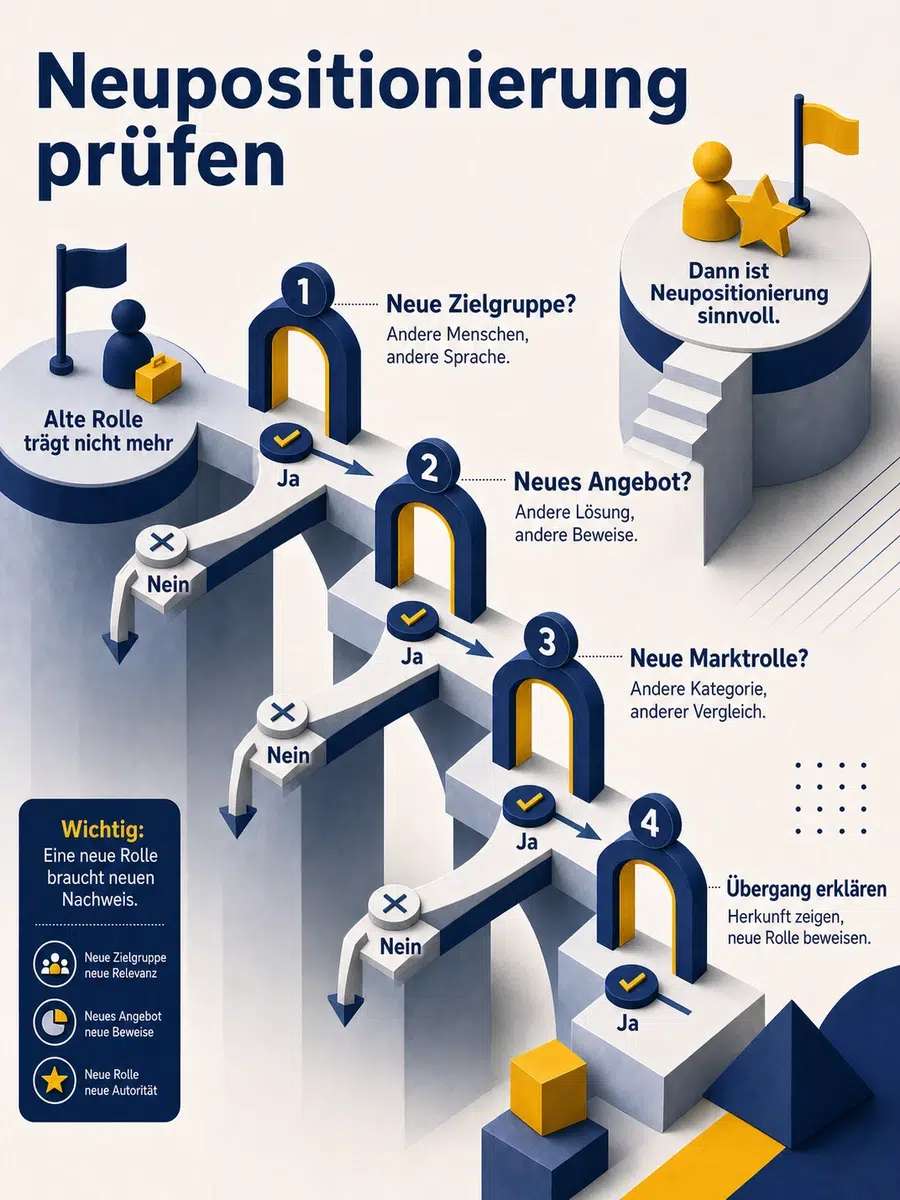 Neupositionierung Als Coach Oder Berater: Wann Der Wechsel Sinnvoll Ist Infografik Zur Neupositionierung Als Coach Oder Berater Mit Alter Rolle, Neuer Zielgruppe, Neuem Angebot Und Neuen Beweisen.