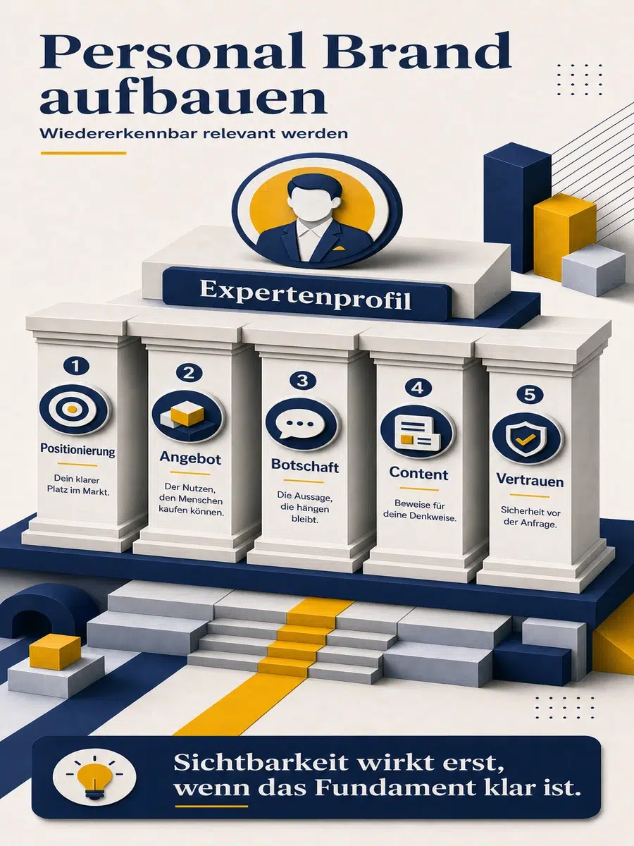 Personal Brand Aufbauen: Vom Expertenprofil Zur Wiedererkennbaren Marke Infografik Zum Aufbau Einer Personal Brand Mit Positionierung, Angebot, Botschaft, Content Und Vertrauen Als Fundament.
