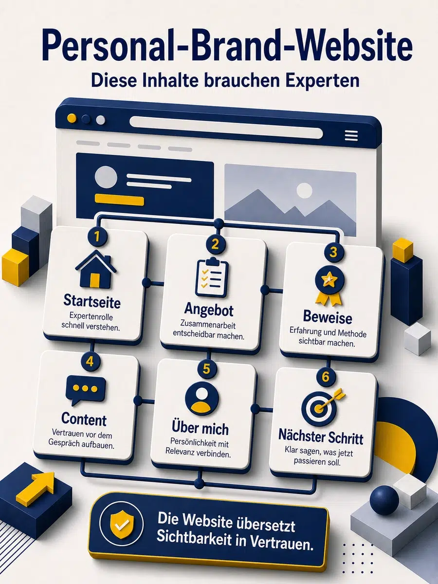 Personal-Brand-Website: Welche Inhalte Experten Wirklich Brauchen Infografik Zu Den Wichtigsten Inhalten Einer Personal-Brand-Website: Startseite, Angebot, Beweise, Content, Über Mich Und Nächster Schritt.
