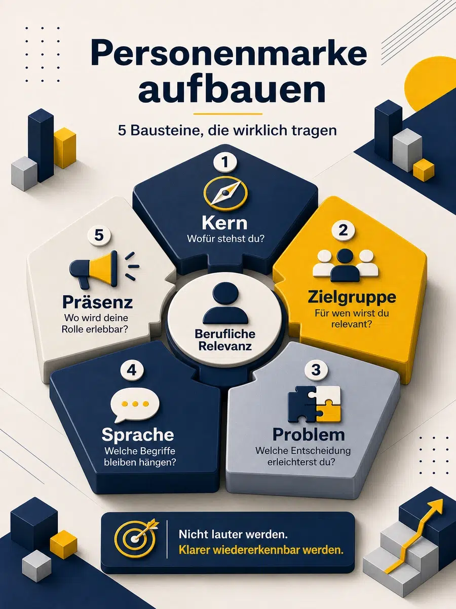 Personenmarke Aufbauen: Warum Personal Branding Mit Positionierung Beginnt Infografik Mit Fünf Bausteinen Zum Aufbau Einer Personenmarke: Kern, Zielgruppe, Problem, Sprache Und Präsenz.