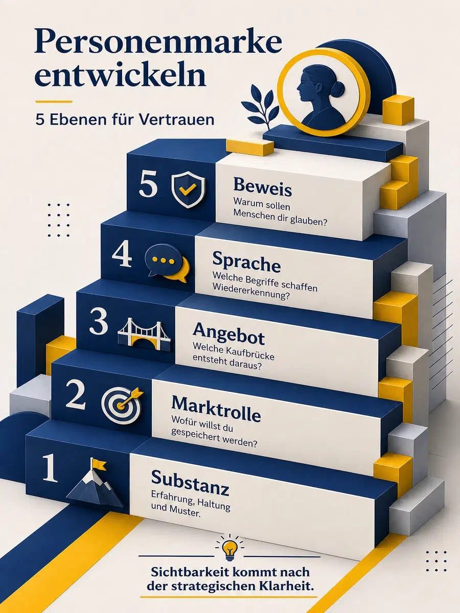 Personenmarke Entwickeln: Positionierung, Vertrauen Und Wiedererkennung Verbinden Infografik Mit Fünf Ebenen Zur Entwicklung Einer Personenmarke: Substanz, Marktrolle, Angebot, Sprache Und Beweis.