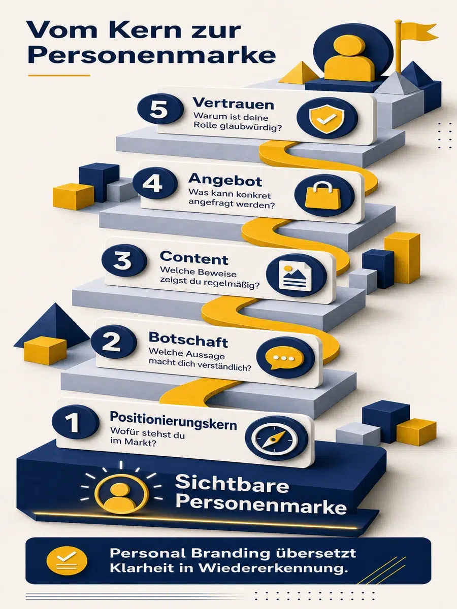 Personenmarke Aufbauen: Warum Personal Branding Mit Positionierung Beginnt Infografik Vom Positionierungskern Über Botschaft, Content, Angebot Und Vertrauen Zur Sichtbaren Personenmarke.