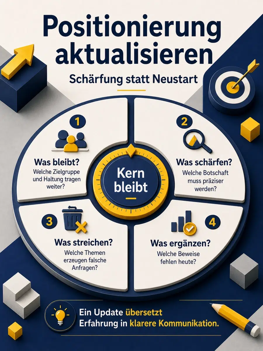 Positionierung Aktualisieren: Kleine Schärfung Statt Kompletter Neustart Infografik Mit Vier Prüffragen Zum Aktualisieren Einer Positionierung: Was Bleibt, Was Schärfen, Was Streichen Und Was Ergänzen.
