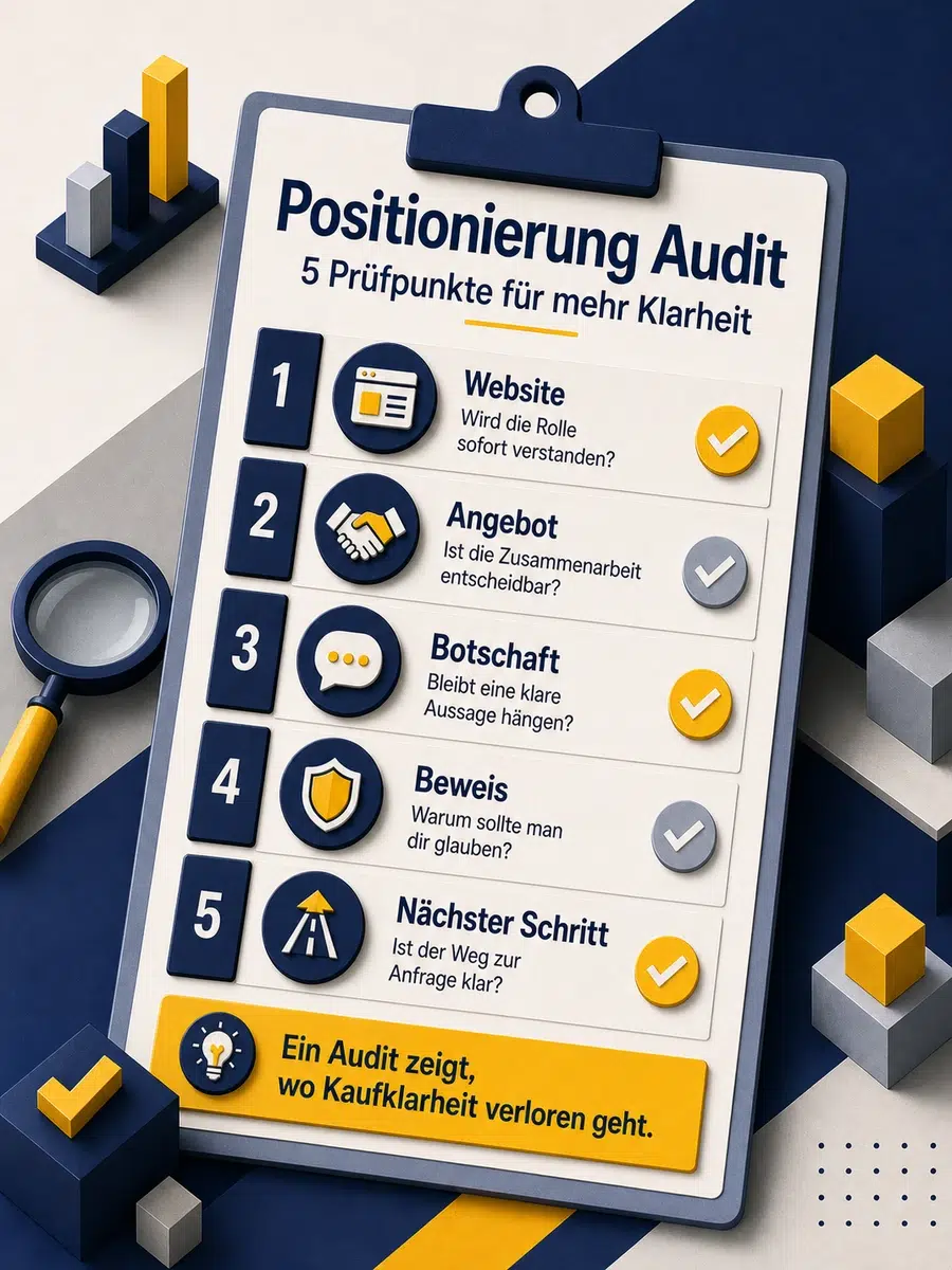 Positionierung Audit: Website, Angebot Und Botschaft Prüfen Infografik Für Ein Positionierung Audit Mit Website, Angebot, Botschaft, Beweis Und Nächstem Schritt Als Prüfpunkte.