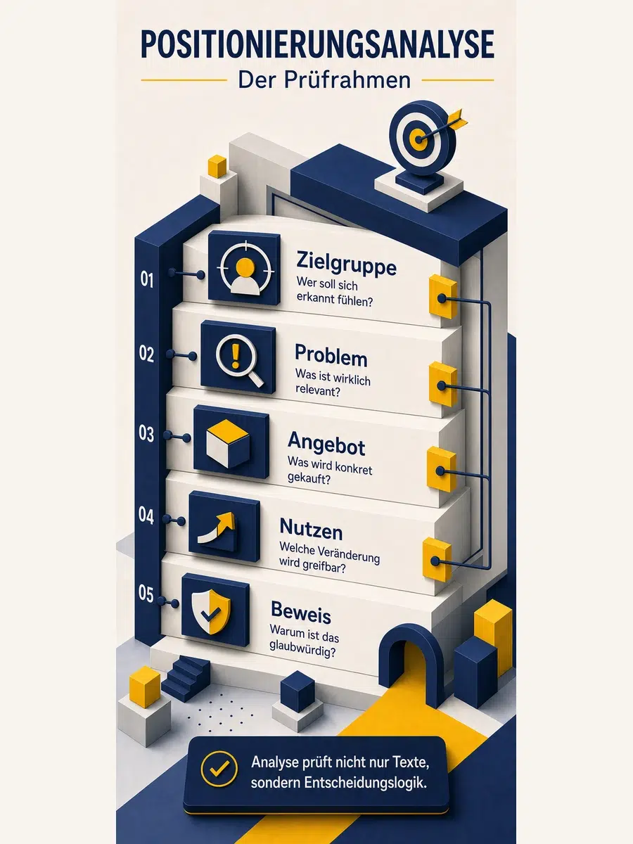 Positionierungsanalyse Beispiel: Was Wird Wirklich Geprüft? Infografik Zum Prüfrahmen Einer Positionierungsanalyse Mit Zielgruppe, Problem, Angebot, Nutzen Und Beweis Als Fünf Analyseebenen.