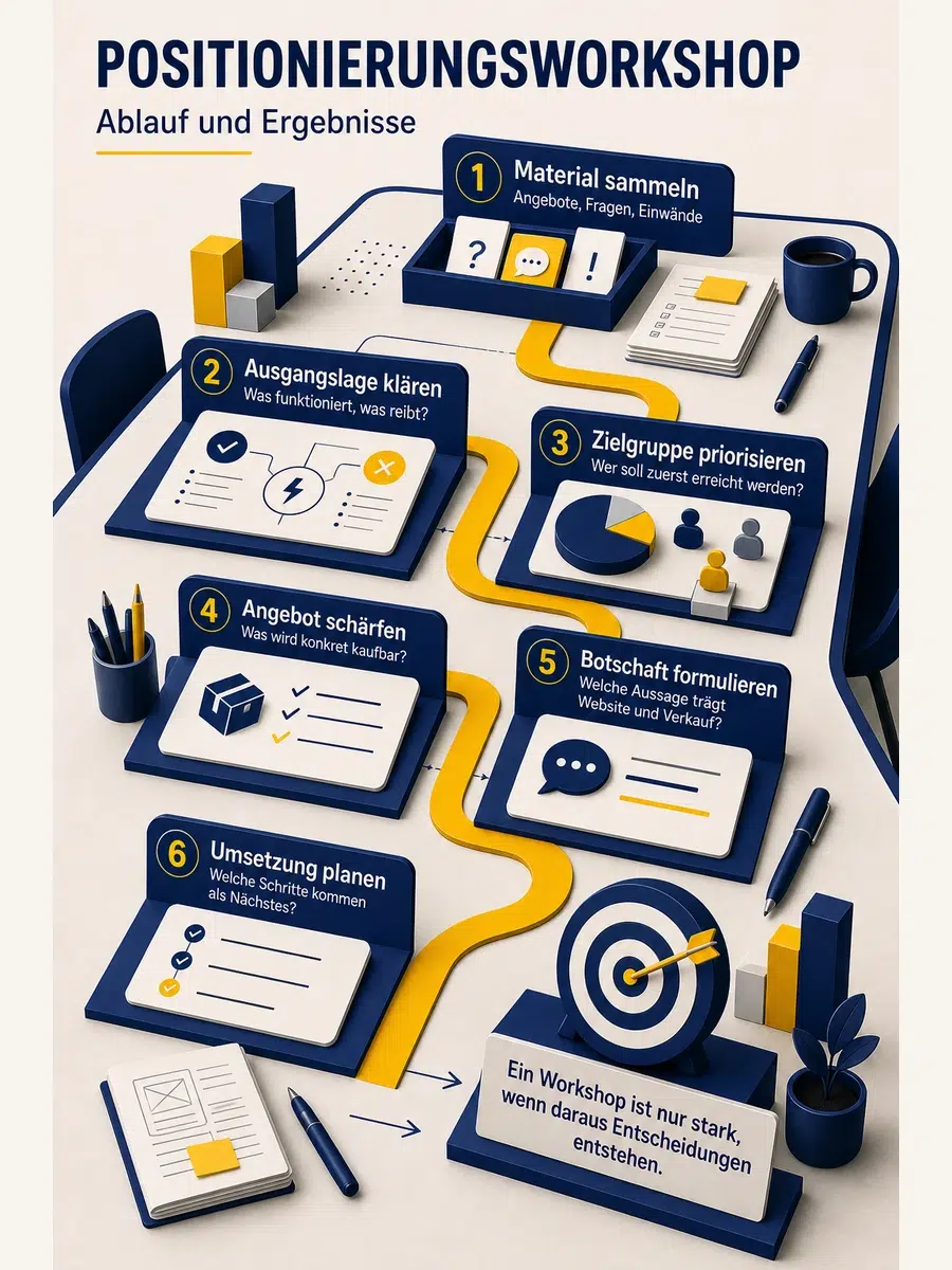 Positionierungsworkshop: Ziele, Ablauf Und Ergebnisse Infografik Zum Ablauf Eines Positionierungsworkshops Von Material Sammeln Über Zielgruppe, Angebot Und Botschaft Bis Zur Umsetzung.