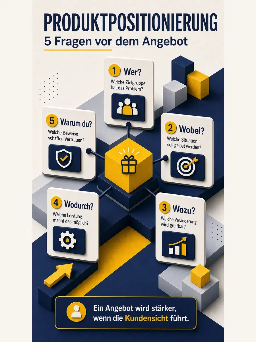 Produktpositionierung: Angebot, Nutzenversprechen Und Zielgruppe Schärfen Infografik Mit Fünf Fragen Zur Produktpositionierung: Wer, Wobei, Wozu, Wodurch Und Warum Du.