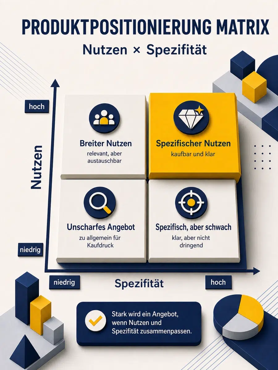 Produktpositionierung: Angebot, Nutzenversprechen Und Zielgruppe Schärfen Infografik Zur Produktpositionierung Matrix Mit Den Achsen Nutzen Und Spezifität Zur Einordnung Von Angebotsklarheit.