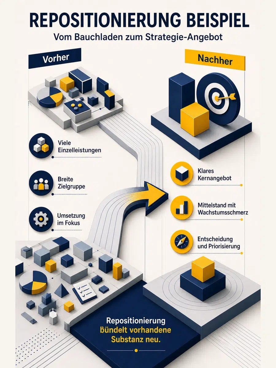 Repositionierung Beispiel: Wie Ein Angebot Wieder Scharf Wird Infografik Als Vorher-Nachher-Beispiel Einer Repositionierung Vom Breiten Angebot Zum Klaren Strategie-Angebot.