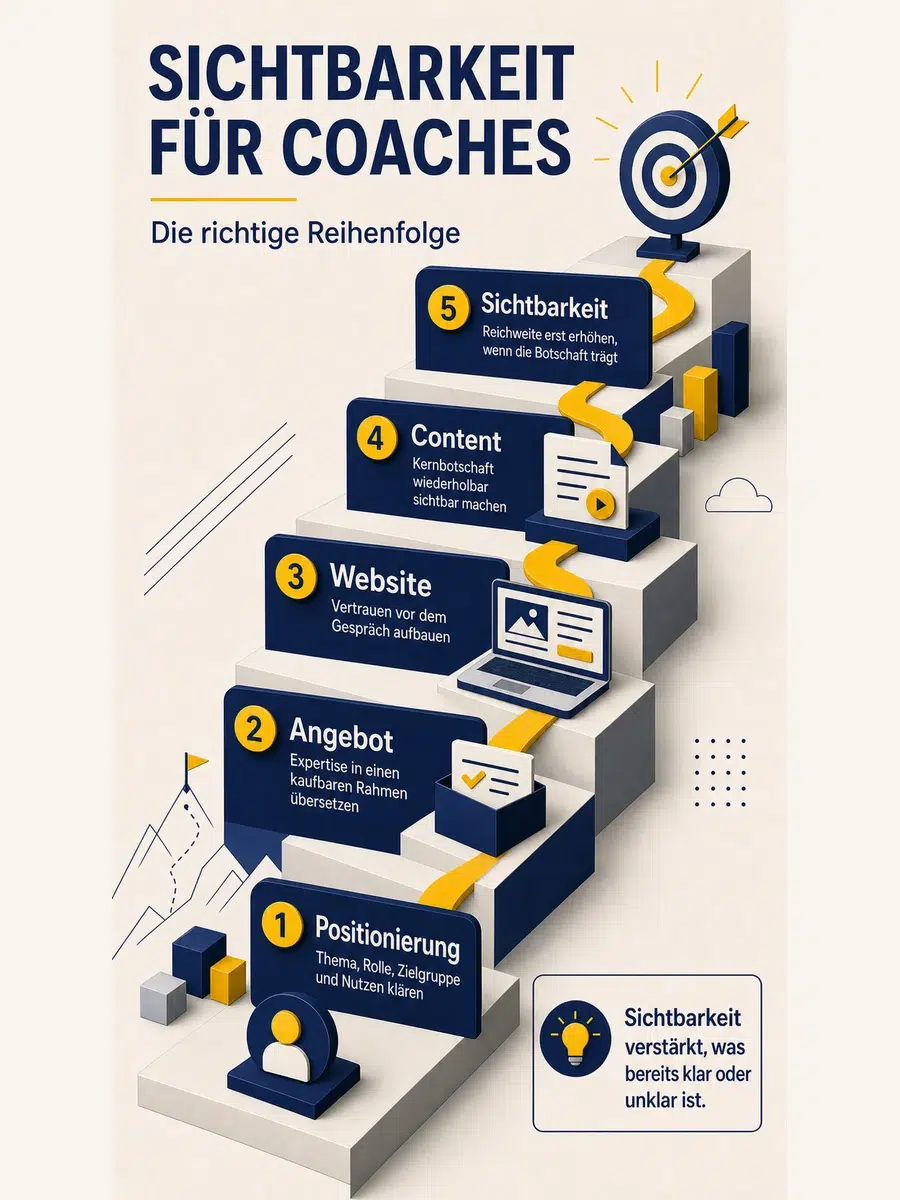 Sichtbarkeit Für Coaches: Erst Angebot, Dann Website Und Content Infografik Zur Richtigen Reihenfolge Für Sichtbarkeit Als Coach: Positionierung, Angebot, Website, Content Und Reichweite.