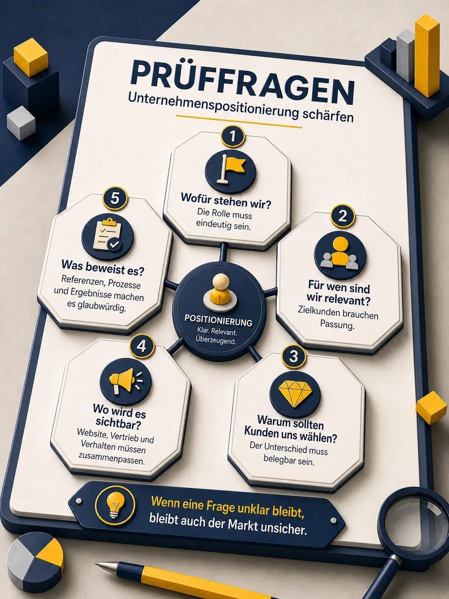 Unternehmenspositionierung: So Wird Strategie Zur Klaren Marktrolle Infografik Mit Fünf Prüffragen Für Eine Klare Unternehmenspositionierung Zu Rolle, Zielkunden, Unterschied, Sichtbarkeit Und Beweis.