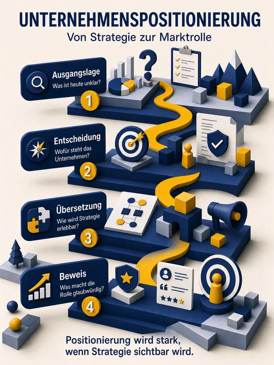 Unternehmenspositionierung: So Wird Strategie Zur Klaren Marktrolle Infografik Zur Unternehmenspositionierung Von Ausgangslage Über Entscheidung Und Übersetzung Bis Zum Glaubwürdigen Beweis.