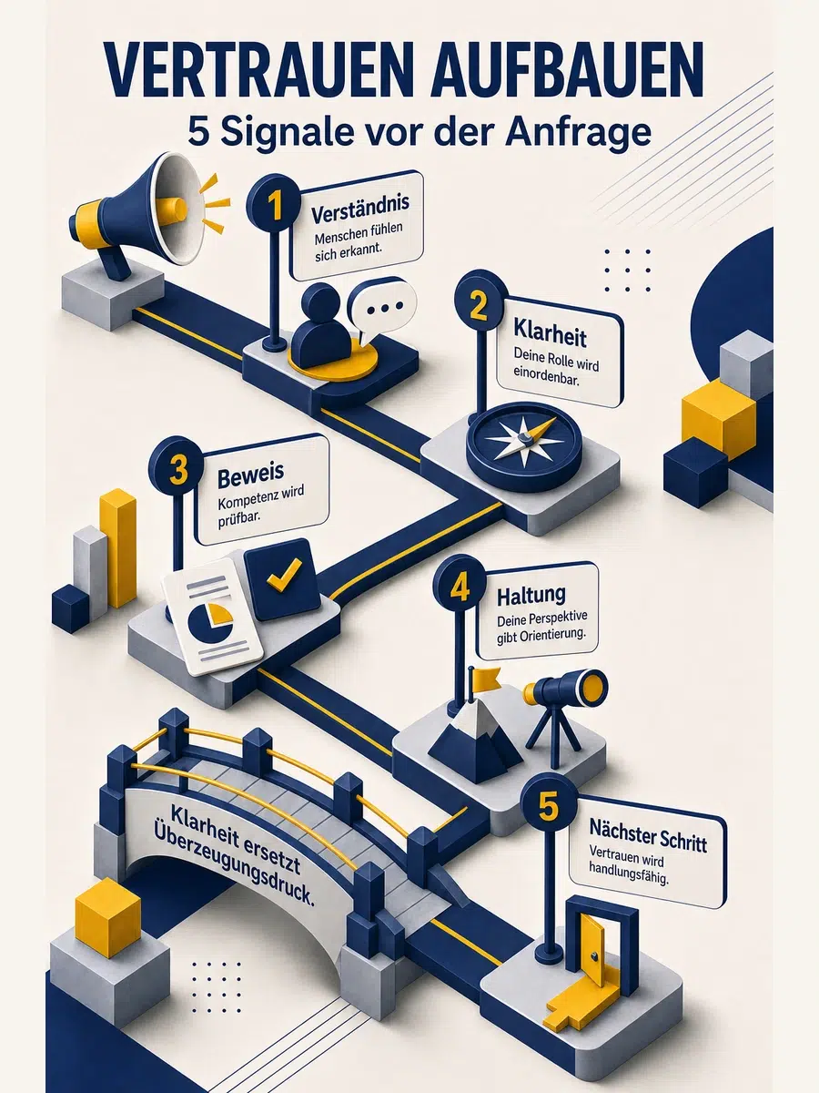 Vertrauen Aufbauen: Warum Positionierung Die Bessere Akquise Ist Infografik Mit Fünf Signalen Zum Vertrauen Aufbauen: Verständnis, Klarheit, Beweis, Haltung Und Nächster Schritt.