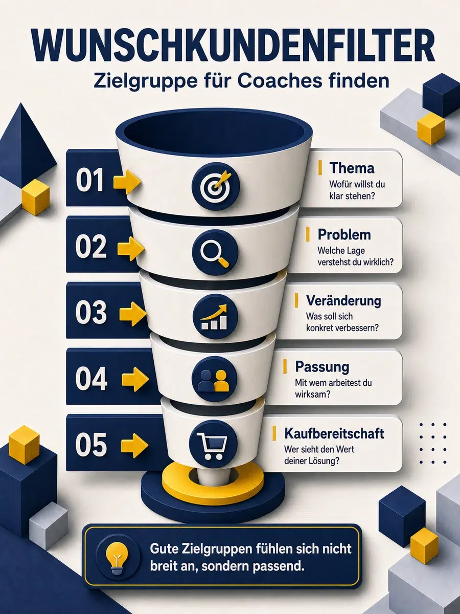 Zielgruppe Für Coaches Finden: Wunschkunden Statt „Alle Menschen“ Infografik Mit Wunschkundenfilter Für Coaches Aus Thema, Problem, Veränderung, Passung Und Kaufbereitschaft.