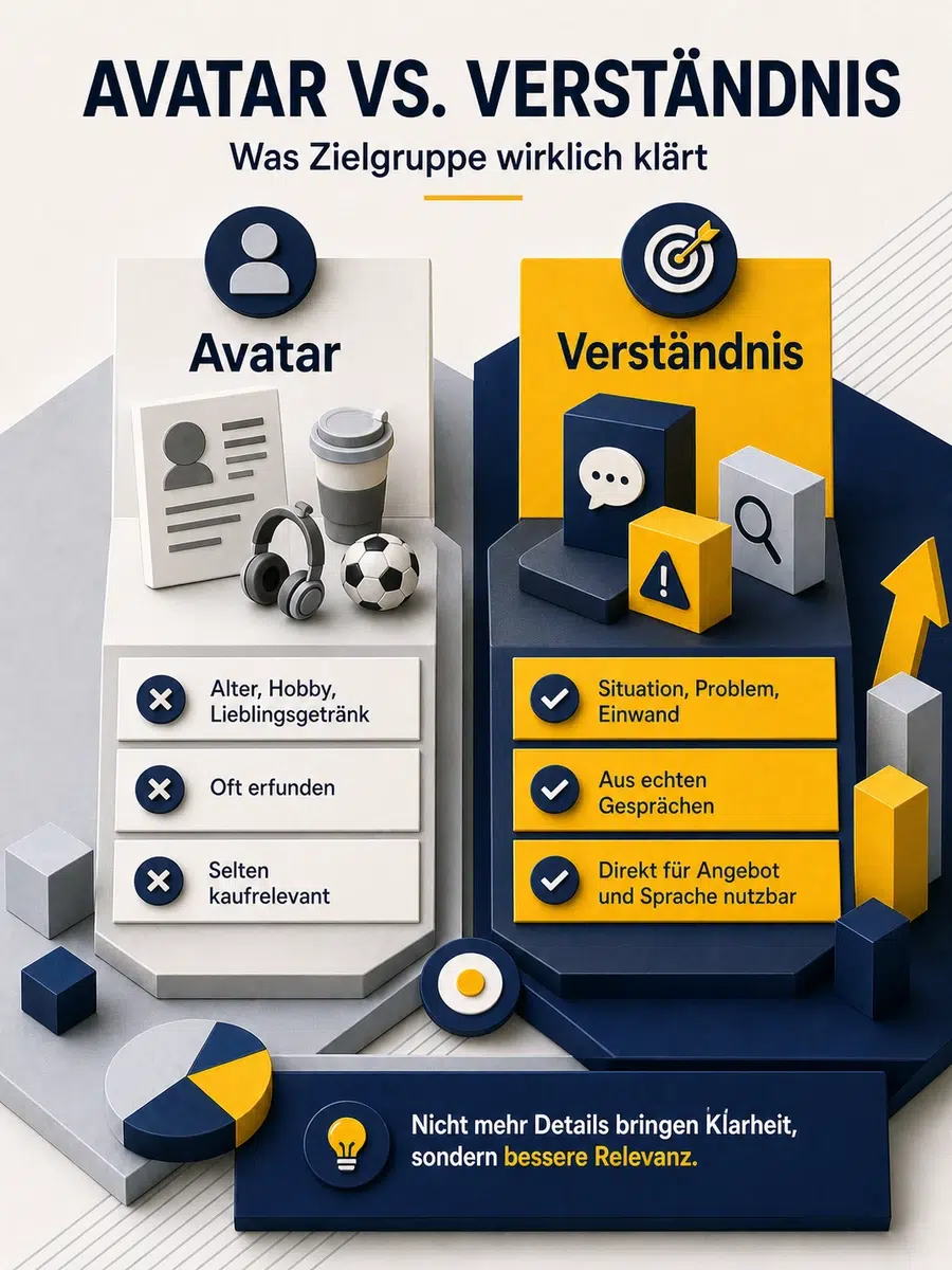Zielgruppe Definieren: Warum „Alle“ Deine Positionierung Schwächt Infografik Als Vergleich Zwischen Oberflächlichem Zielgruppenavatar Und Echtem Zielgruppenverständnis.