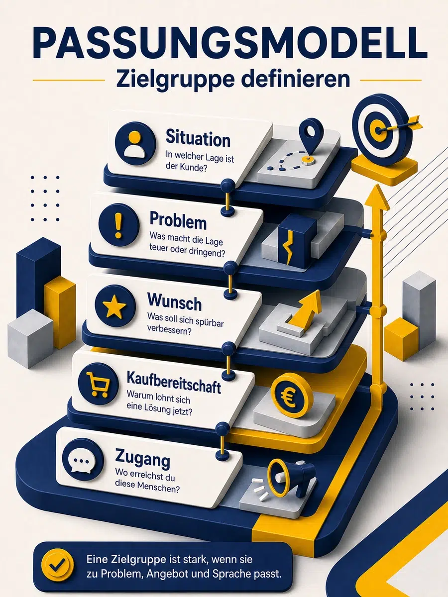 Zielgruppe Definieren: Warum „Alle“ Deine Positionierung Schwächt Infografik Mit Passungsmodell Zur Zielgruppendefinition Über Situation, Problem, Wunsch, Kaufbereitschaft Und Zugang.